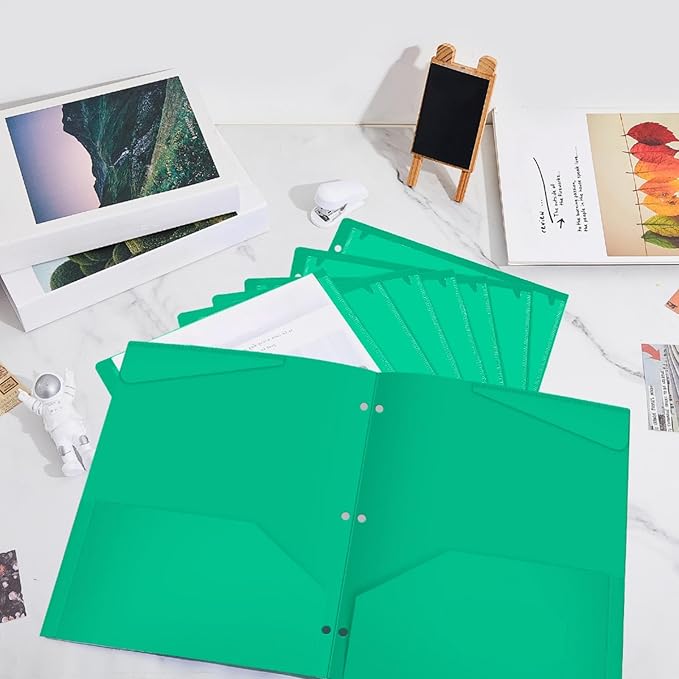 Henoyso 60 Pcs 2 Pocket Plastic Folders with Clear Front Pocket 3 Hole Punched File Folder Letter Size Take Home Documents Holder for Paper Holder Office Business Back to School Supply (Green)