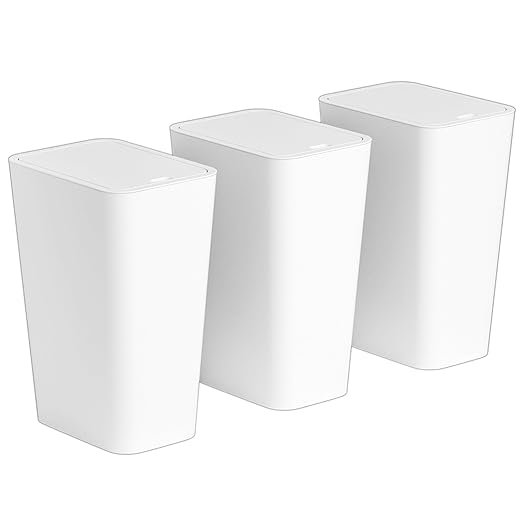 Yieach 12L White Slim Bathroom Trash Can with Lid,3.17 Gallon Pet/Dog Proof Kitchen Trash Can,Rectangle Thin Garbage Can,Covered Waste Basket,Narrow Small Plastic Trashcan for Room,Bedroom,Office,3PCS