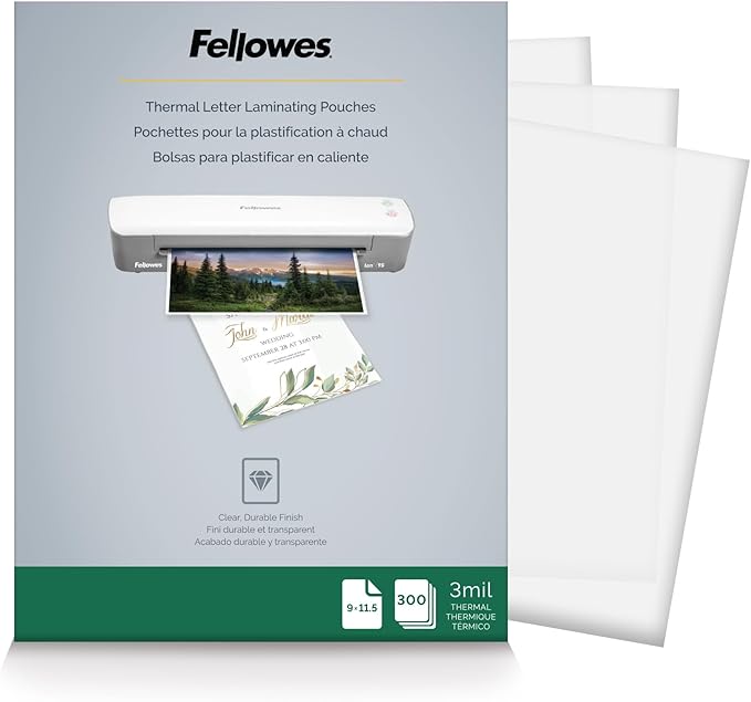 Fellowes Thermal Laminating Pouches, Letter Size Sheets, 3mil, 300 Pack, Clear (5247101)