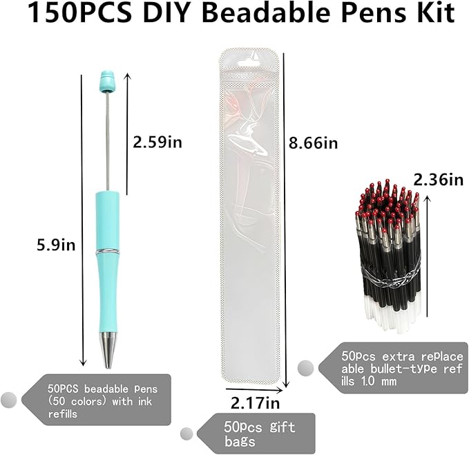JHESAO 150PCS DIY Beadable Pens Kit, 50 Plastic Ballpoint Pens Bulk with Refills & Pouch, School Office Supplies and Decorative for Students & Teachers (Multicolor)
