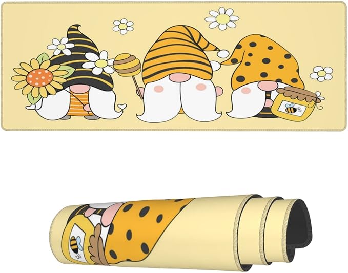 Famame Laptop Mouse Pad Cute Sunflower Bee Gnomes Desk Mat with Stitched Edges 31.5X 11.8 inch Non-Slip Large Keyboard Rubber Writing Table Mat for Office Home