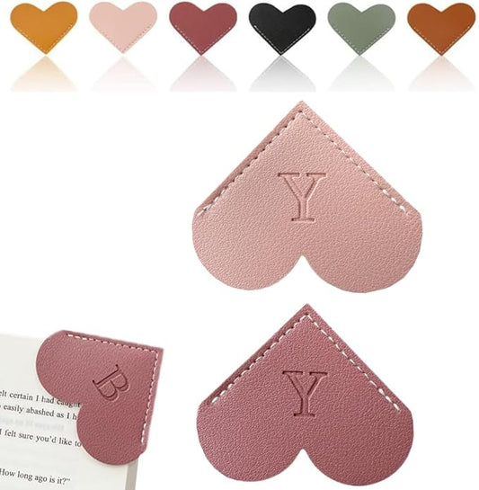 Personalized Leather Heart Bookmark, 26 Letters Customized Corner Book Mark for Reading Women, Book Marker with Initials，Cute Gifts (Light Pink+Deep Pink, Y)