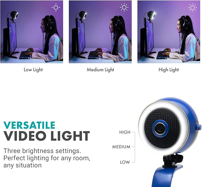 Movo WebMic HD Pro All-in-One Webcam with Mic and Ring Light in Royal Blue- 1080p HD Camera, Pro Cardioid Condenser Microphone, LED Ring Light - HD Webcam for Streaming, Video Calls, Recording, Gaming