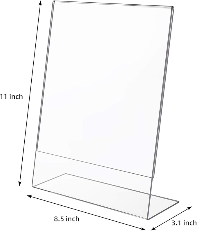 T-SIGN Acrylic Sign Holder 8.5 x 11 Inches, Slant Back Clear Table Top Display Plastic Stand, Double Sided, Display Stand, Acrylic Frame for Store, Homes, Restaurants, Offices - Vertical (Pack of 12)