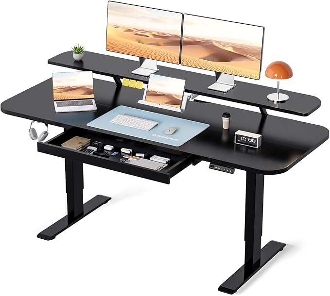 COMHOMA Electric Standing Desk with Drawers, 55 x 24 Inch Sit Stand up Desk with Monitor Stand, Laptop Stand, Height Adjustable Home Office Computer Desks with Memory Preset Controller (Ebony Black)