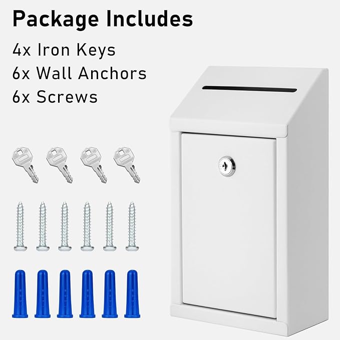 Metal Donation Box with Lock, Wall Mounted, Suggestion Box with 4 Iron Keys, White, Cash Drop Box with Slot, 1-Pack
