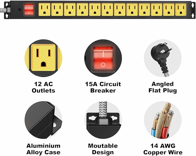 12 Outlet Heavy Duty Power Strip with 15A Circuit Breaker,Metal Wall Mount Power Strip for Garage Workshop Industrial 1200J 15A 125V 1875W 6ft Cord