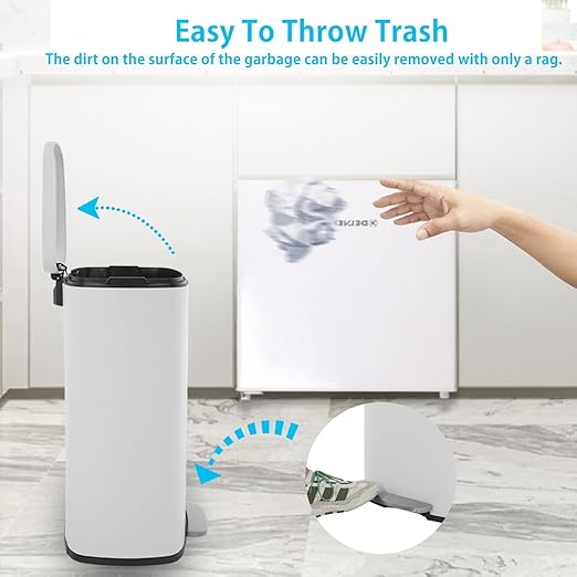 PayLessHere Stainless Steel Trash Can with Lid - Removable Inner Bucket, Foot Pedal Soft Close for Office, Home, Kitchen (White, 13 G)