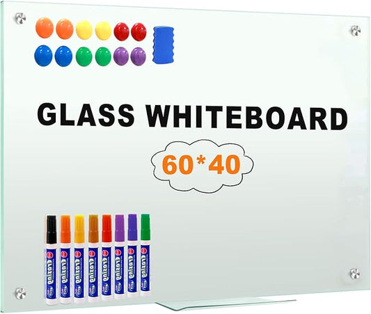 H-Qprobd Glass Whiteboard 60"x40" Magnetic Dry Erase White Board for Wall, Includes 12 Magnets, 8 Markers and 2 Erasers