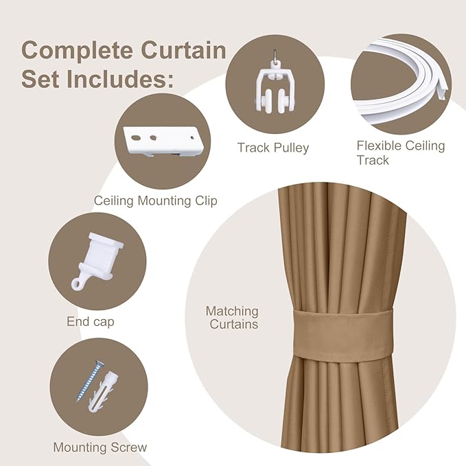 Room Divider Curtains & Flexible Bendable Tracks Set,Privacy Dividers Ceiling Track Curtain Window Blackout Curtains for Living Room Bedroom (W120 × H84 in 1 Panel Khaki Drape & White Rail)