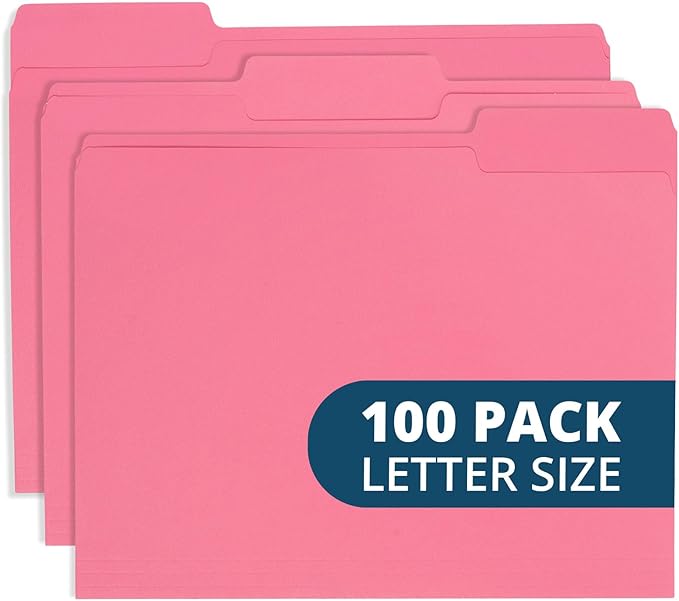 100 Blue Summit Supplies Pink File Folders, Letter Size with 1/3 Tab, Durable 11pt Paper, Pink File Folder 100 Pack, Holds Letter Size Documents