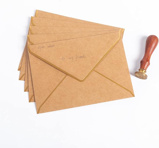 100 Pack A7 Envelopes 5 x 7 Card Envelopes V Flap with Gold Border for Office, Wedding Gift Cards, Invitations, Graduation, Baby Shower, Parties (Kraft Brown, 5.32 x 7.28 Inches)