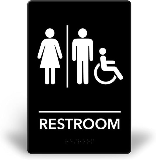 Promot Unisex Handicap Bathroom Sign – ADA Braille Restroom Sign for Business, Self-Adhesive, 9" x 6", Commercial Door Signage, Office Wall Decor - Black