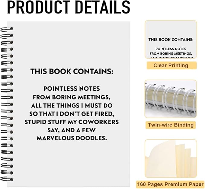 Pointless Notes from Boring Meetings Funny White Golden Spiral Notebook, Humorous Office Gifts, Gag Gifts for Coworkers, Funny Office Sarcastic Gifts for Coworkers,Team Members, Employees