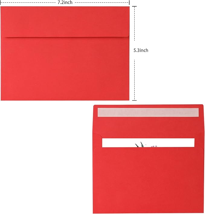 Red Envelopes 5x7 Inch, 50 Pack, Self Seal A7 Envelopes for Valentine, Invitations, Wedding, Birthday, Personalize Gift, Postcard, suitable for 5x7 Greeting Cards, 120gsm Thick Paper