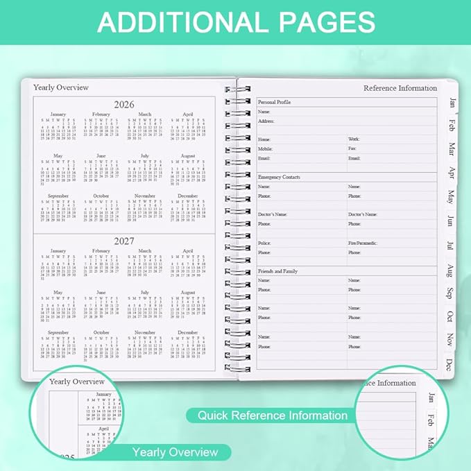 2026 Planner - Monthly Planner Runs January 2026 to December 2026, 6.25" x 8.25", 12 Monthly Tabs, 14 Notes Page, Inner Pocket, Flexible Cover with Twin-Wire Binding, Planners 2026, Teal