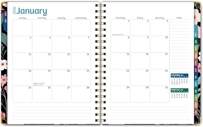 HARDCOVER 2026 Planner, 8.5"x11": 14 Months (November 2025 - December 2026), Daily Weekly Monthly Planner, Yearly Agenda, Bookmark, Pocket Folder and Sticky Note Set (Black Floral Pink)