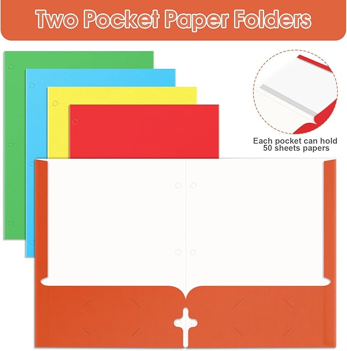 Folders with Pockets, 2 Paper Folders with Pockets (10 Pack, Assorted Colors), File Folders Letter Size, 3 Hole Punched with Business Card Slot, File Folders for School Office Home Documents