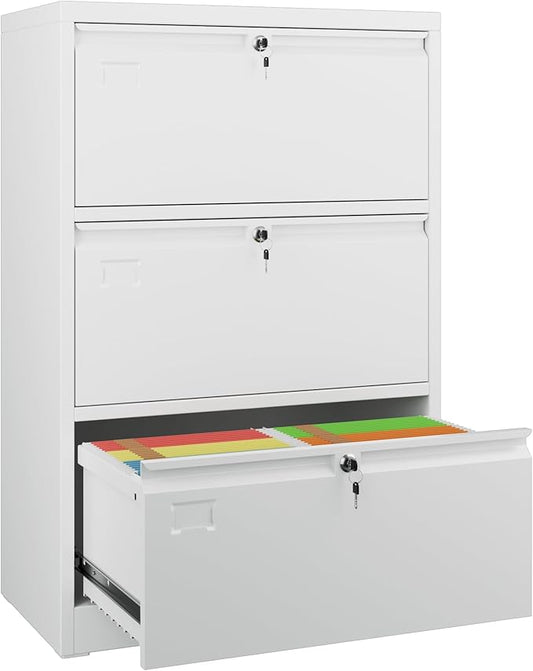 SUXXAN 3 Drawer File Cabinet, Lateral Filing Cabinet with 3 Locks for Home Office, Black File Cabinets with Business Card Holder for Letter/Legal/F4/A4 Hanging Files