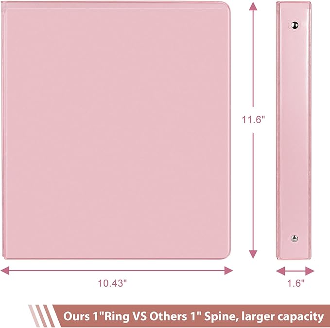 COMIX Standard 3 Ring Binder 1 inch with Clear View Cover, 1" Round Ring View Binder Holds 200 Sheets of US Letter Size Paper for School Office Supplies, 6 Pack (Pink)