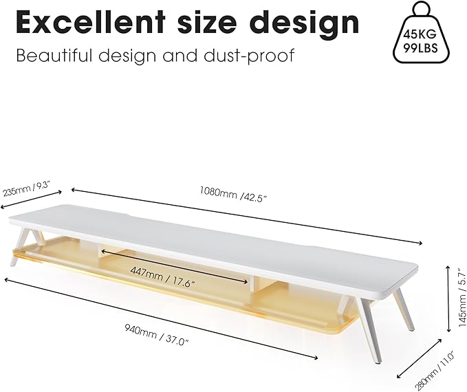 Fenge Dual Monitor Stand for Desk, 2 Tiers Monitor Riser with Acrylic Shelf & App Control LED Lights, 42.5 Inch Wood and Aluminum Desk Shelf with Phone and Tablet Holder
