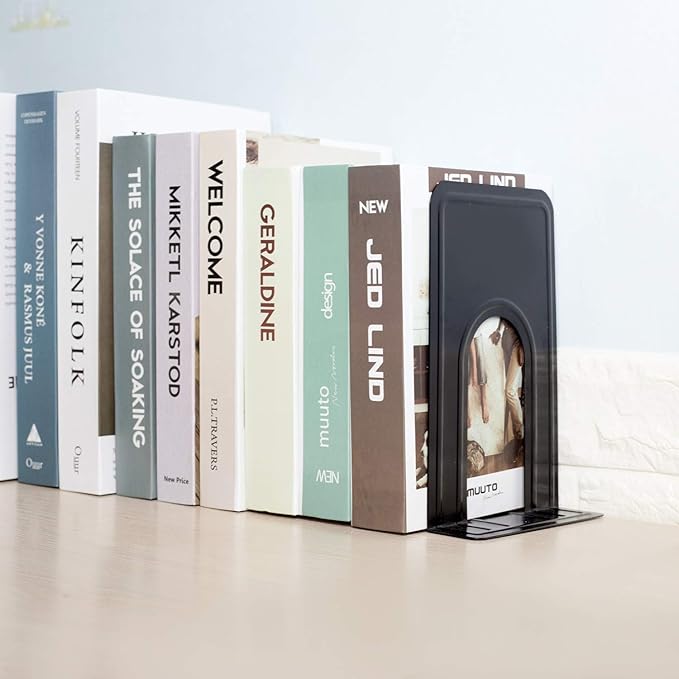 KINJOEK 4 Pairs/8 PCS Heavy Duty Bookends, 8.3x6.5x5.1 Inch Anti Slip Metal Book Ends for Books, Magazines, DVDs, Home, Office, School, Library, Black