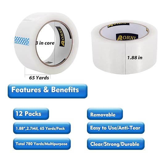 Clear Packing Tape Heavy Duty Refill Rolls Sealing Great for Packing Box Shipping and Moving Supplies Packaging 12 Rolls 1.88" x 65 Yards 3" Core 2.7 Mil Thick Adhesive