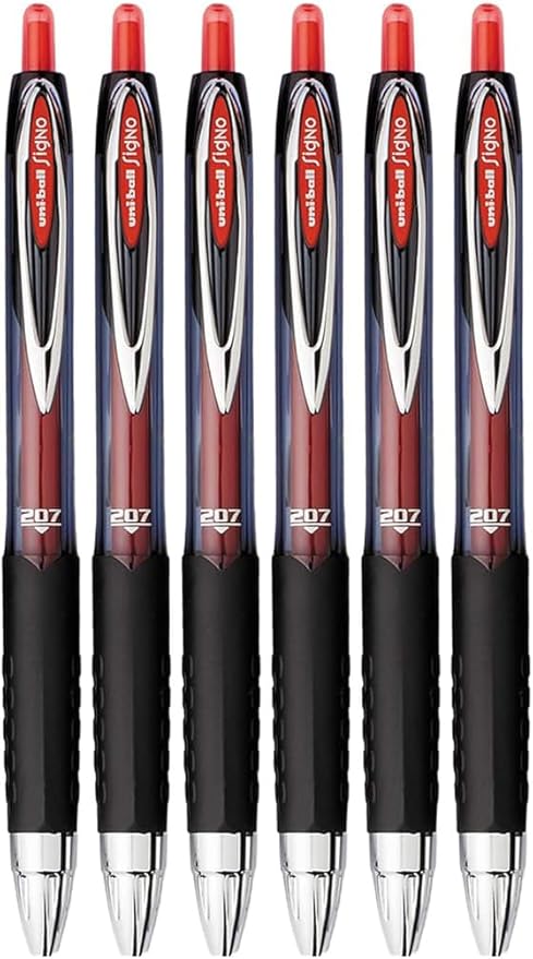 Signo 207 Roller Ball Retractable Gel Pens, Medium Point (0.7mm), Red Ink, 6 Count, Bundle with Plastic Reusable Pouch