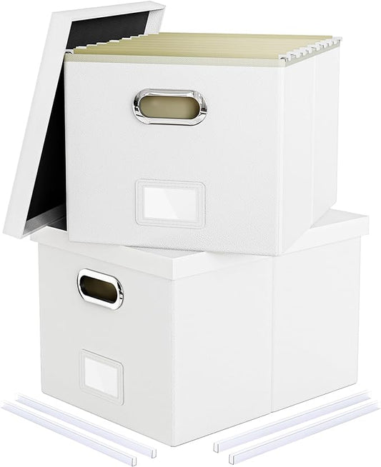 2 Pack File Storage Organizer, Portable File Box with Lid, Fit for Letter/Legal File Folder Storage, White (Leather) - Box only