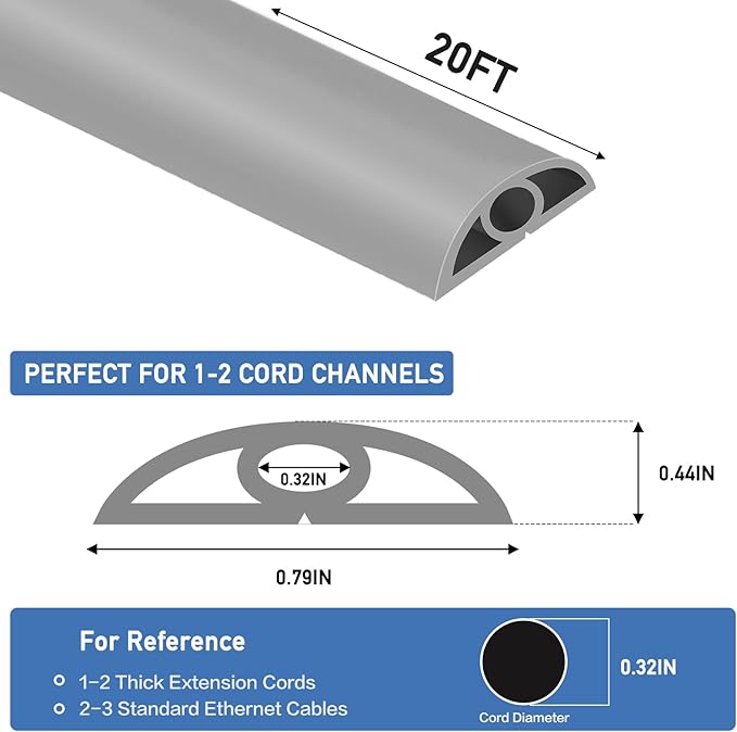 Floor Cord Cover Self Adhesive Cord Hider Floor Extension Cord Covers for Floor Power Cord Protector Cable Management Prevent Cable Trips Cable Cavity 0.32" W x 0.32" H (Grey, 20Ft)