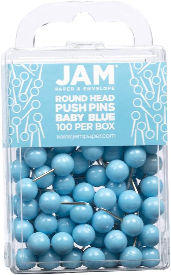 JAM PAPER Colorful Push Pins - Round Head Map Thumb Tacks - Baby Blue Pushpins - 100/Pack