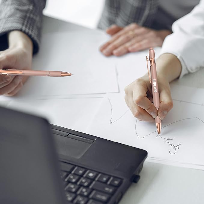 Funny Pens, 12 Pcs Rose Gold Fine Point Smooth Writing Pens, Inspirational Stylus Ballpoint Pens with Screens Touch Stylus Tips, Black Ink 1.0 Mm Gift Office Desk Accessories