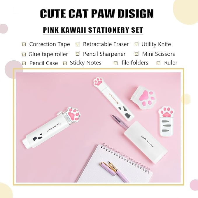 Cute School Supplies, Cute Stationary,Birthday Party Favors Set,Including Pencil Sharpener,Eraser, Correction Tape, Ruler, Mini Scissors,Utility Knife, for Cute School Supplies