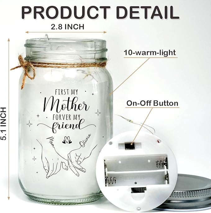First My Mother Forever My Friend - Family Personalized Mason Jars, Mothers Day Birthday Gifts for Mom Grandma Family, Mother Daughter Gifts for Her, Centerpiece Table Decorations