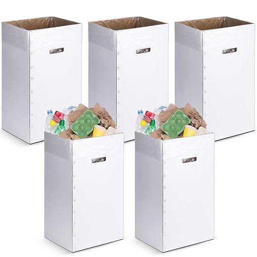 Tioncy 5 Pcs Cardboard Trash Cans Disposable and Reusable Corrugated Cardboard Trash Cans Recycling Bins Bulk with 10 Garbage Bags White Garbage Boxes for Parties Events (13 Gallon)