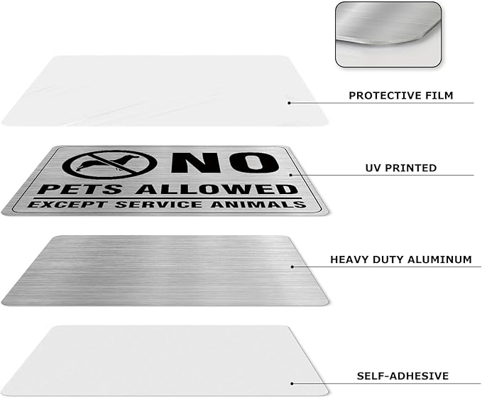 No Pets Allowed Aluminum Silver 8 x 6 Inches Self-Adhesive Waterproof Metal Door Wall Sign for Business Offices 2 Pack