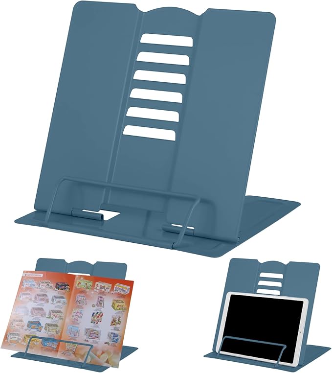 MSDADA Desk Book Stand Holder for Reading, Adjustable Cookbook Stand Metal Reading Stand for Textbooks Recipes Music Books Tablet (Morandi Navy)