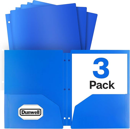 Dunwell Plastic 2-Pocket Folders for 3-Ring Binders, (3 Pack, Blue) 3 Hole Punched, Divider Folder for Notebooks, Durable Poly, Fits 8.5x11 Sheets, Includes Labels