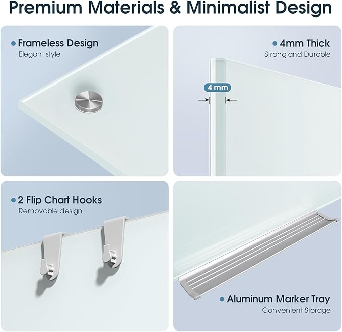 MaxGear Glass White Board 48x36 Inches, Wall Mounted Magnetic Glass Dry Erase Board, Large Frameless Whiteboard with 1 Eraser,3 Markers and 6 Magnets for Office, School, Home