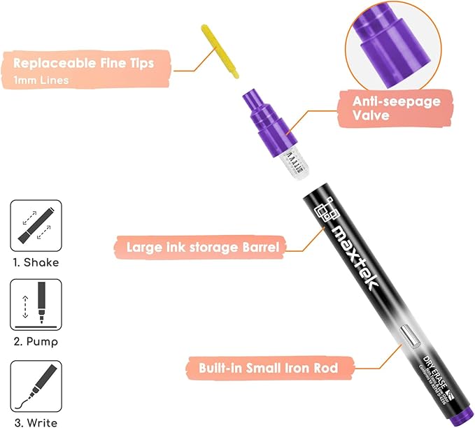 maxtek Dry Erase Markers, Fine Tip Glass Whiteboard Markers, Neon Colors, 6 Count White Board Dry Erase Pens