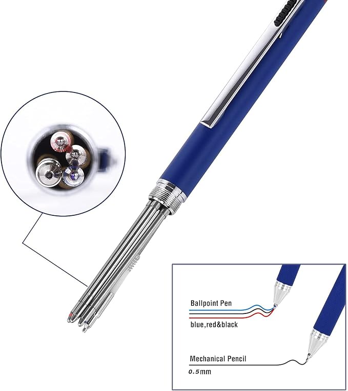 SMTTW 4-in-1Multicolor Pen,Mechanical Pencil&Black Red Blue Metal Pen,Multi Colored Pens in One with Portable Case,Refillable Ballpoint Pen with Gift Box,Professional,Executive Multifunction Pen(Blue)