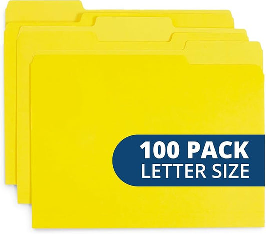File Folder, 1/3 Cut Tab, Letter Size, Yellow, Great for Organizing and Easy File Storage, 100 Per Box
