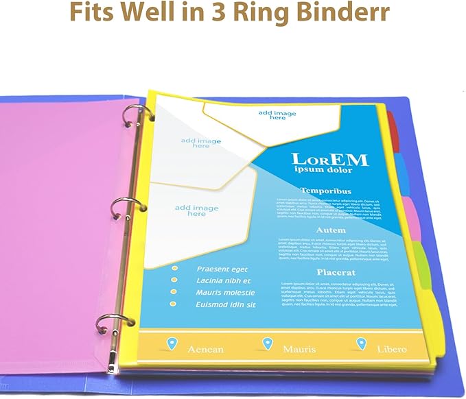 Plastic 5-Tab Dividers with Clear Front Pockets -2 Sets, Pocket Dividers for 3-Ring Binders, Multi-Color Binder Dividers, Total 10 Tabs