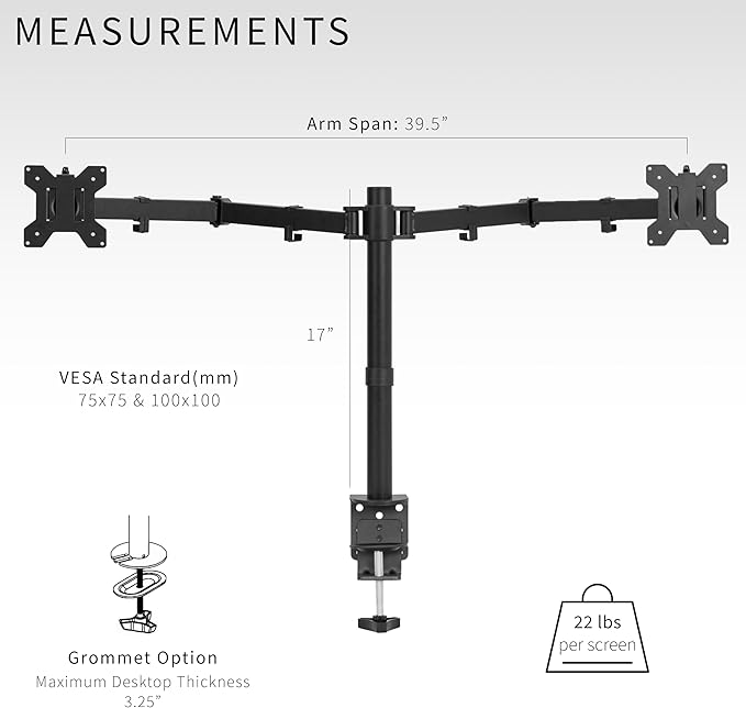 VIVO Dual Ultrawide Monitor Desk Mount, Heavy Duty Fully Adjustable Steel Stand, Holds 2 Computer Screens up to 38 inches and Max 10kg Each, Black, STAND-V038