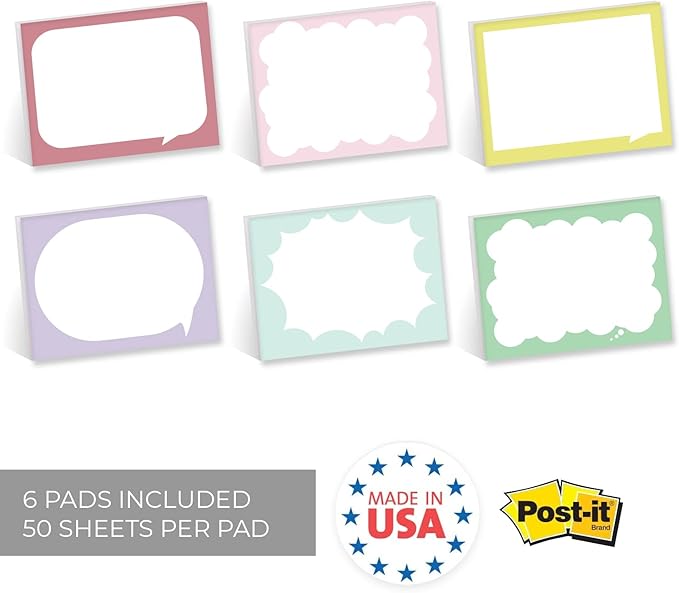Word Bubble Sticky Note Assortment / 4" x 3" Vibrant Repositionable Sticky Notes/Set of 6 Colorful Speech Bubble Pads/Made in The USA