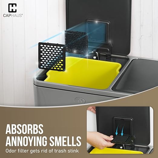 CAPHAUS Black Dual Trash Can w/Double Lid, Trash & Recycle Bins Combo, Hands-Free Stainless-Steel Garbage Can for Kitchen, with 2 Compartment, Hinged Lid, Odor Filters, Handles, 30L+30L, 2 x 8 Gal