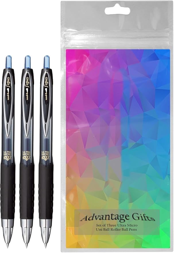 Signo 207 Roller Ball Retractable Gel Pens, Ultra Micro Point (0.38mm), Blue Ink, 3 Count, Bundle with Plastic Reusable Pouch