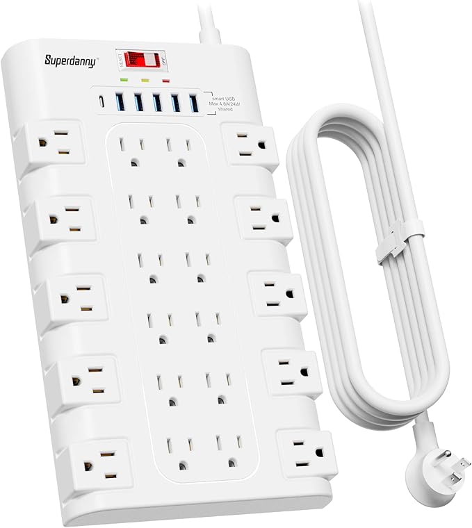 SUPERDANNY Power Strip Surge Protector with 22 AC Outlets and 6 USB Charging Ports, 6.5Ft Mountable Flat Plug Extension Cord (1875W/15A) for Home, Office, Dorm, Gaming Room, 2100 Joules, White