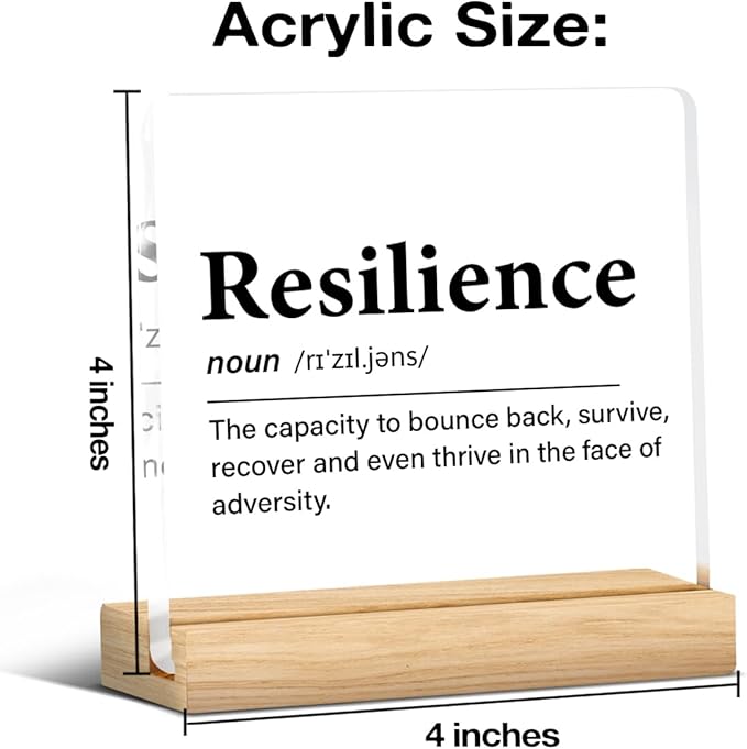Inspirational Gifts for Women Men, Motivational Encouragement Gifts Resilience Definition Clear Acrylic Desk Decor Decorative Sign for Home Office, 4 x 4 Inches