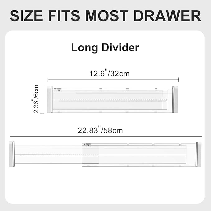 HiYZ Expandable Drawer Dividers - 12.6-22.8'' Adjustable Drawers Organizers for Kitchen Utensils, Drawer Separators in Bedroom, Dresser, Office, Bathroom, Fridge, 8 Pack Long Dividers-Clear